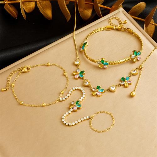 Rhinestone Stainless Steel Jewelry Set 304 Stainless Steel Flower & for woman & with rhinestone golden Sold By PC