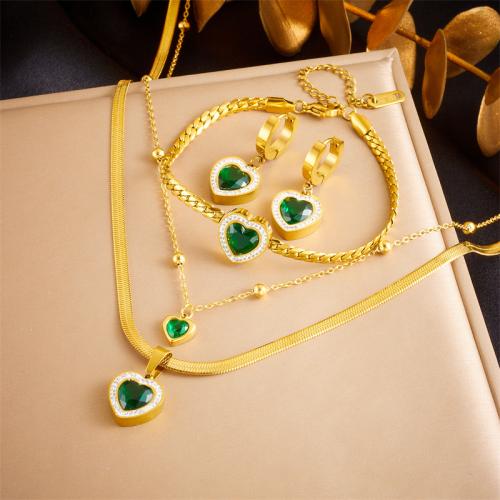 Rhinestone Stainless Steel Jewelry Set 304 Stainless Steel Heart & for woman & with rhinestone golden Sold By PC