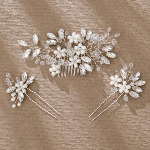 Brass Hair Jewelry Set hair comb & hair stick with Crystal & Plastic Pearl three pieces & for woman & with rhinestone Sold By Set