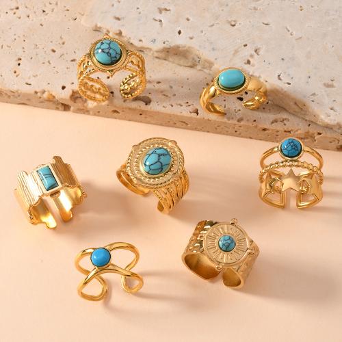 Stainless Steel Finger Ring 304 Stainless Steel with turquoise 18K gold plated fashion jewelry & Unisex golden diameter 17mm Sold By PC