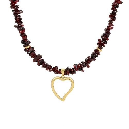 Collier bijoux de pierre gemme, grenat, avec laiton, avec 5cm chaînes de rallonge, coeur, Placage de couleur d'or, bijoux de mode & pour femme, Longueur Environ 40 cm, Vendu par PC