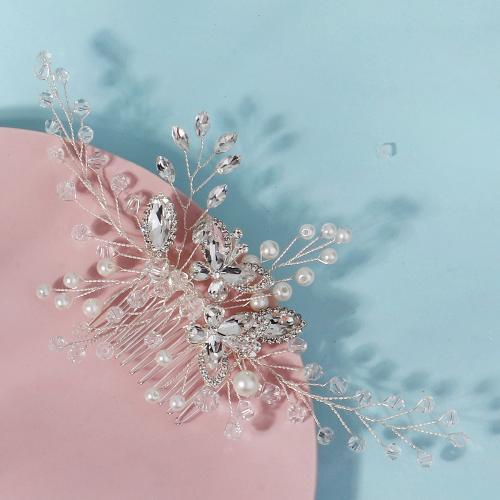 Decorative Hair Combs Zinc Alloy with Plastic Pearl Butterfly silver color plated for bridal & with rhinestone nickel lead & cadmium free Sold By PC