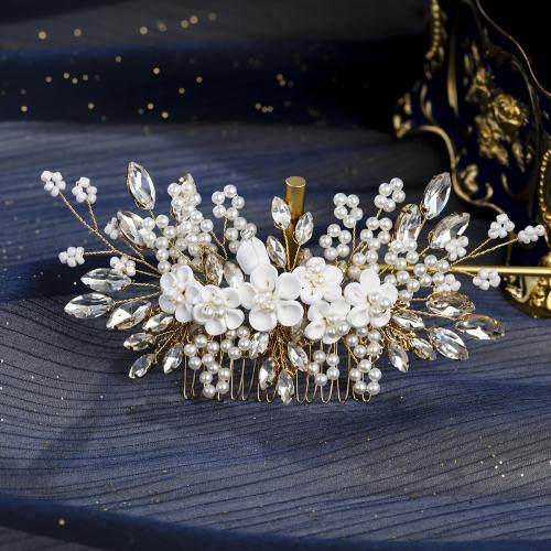 Zinc Alloy Brooches with Resin & Plastic Pearl Flower gold color plated for bridal & micro pave cubic zirconia Sold By PC