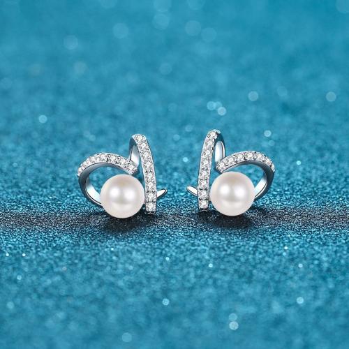 925 sterling silver Stud Earring, med Moissanite (på) & Freshwater Pearl, Hjärta, för kvinna & ihålig, earring length 10-15mm, Säljs av Par