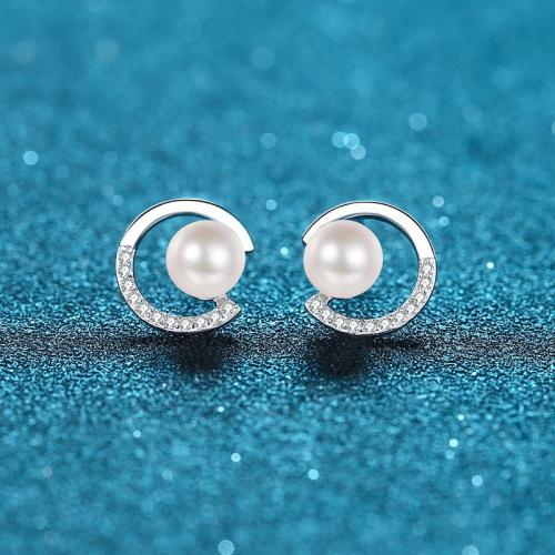 925 Sterling Sølv Stud Earring, med Moissanite (Moissanite) & Ferskvandsperle, for kvinde & hule, earring length 10-15mm, Solgt af par