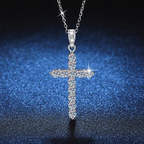 925 Sterling Silver Necklace with Moissanite with 2inch extender chain Cross platinum plated cross chain & for woman Length Approx 15.7 Inch Sold By PC