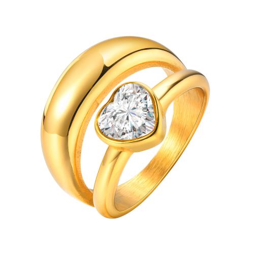 Cubic Zirconia Stainless Steel Finger Ring 304 Stainless Steel Heart 18K gold plated & micro pave cubic zirconia & for woman golden Sold By PC