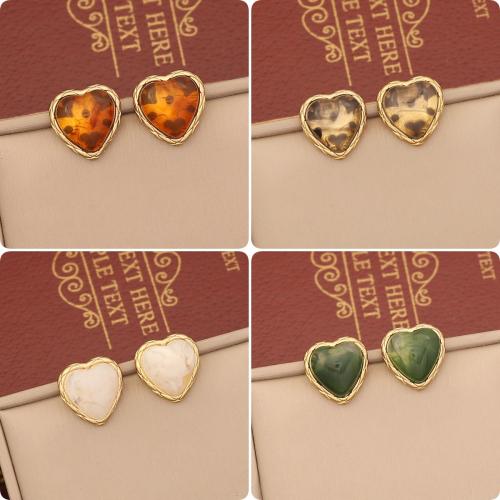 Stainless Steel Stud Earrings 304 Stainless Steel with Resin Heart Vacuum Ion Plating fashion jewelry & for woman Sold By Pair