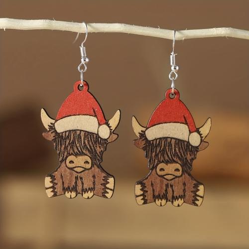 Christmas Earrings Wood Bull printing Christmas Design & cute & for woman Sold By Pair