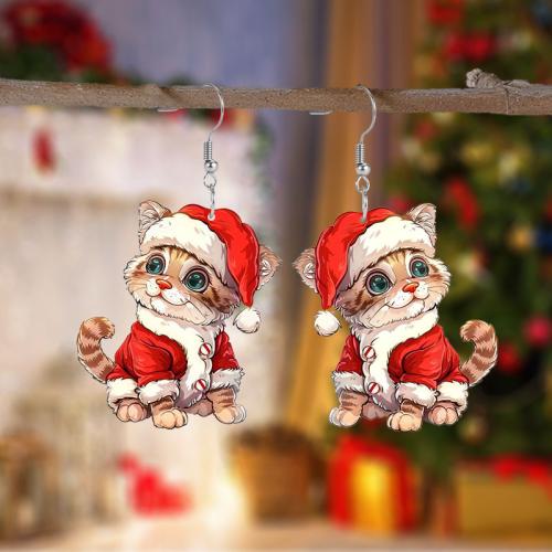 Christmas Earrings Acrylic Cat Christmas Design & cute & for woman Sold By Pair