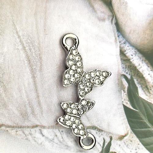 Connecteur en alliage de Zinc animal, papillon, Placage de couleur argentée, DIY & avec strass & boucle de 1/1, 13x28mm, 100PC/sac, Vendu par sac