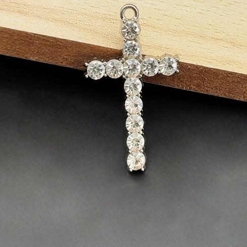 Sinc Alloy Rhinestone Pendants, Cross, dath airgid plated, DIY & le rhinestone, 22x37mm, 100ríomhairí pearsanta/Mála, Díolta De réir Mála