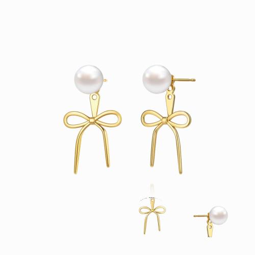 Brass Stud Earring with Plastic Pearl Bowknot plated Adjustable & for woman & hollow Sold By Pair