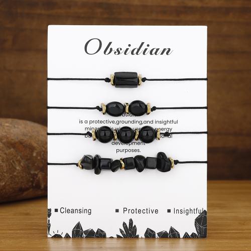 Bráisléid gemstone, Obsidian, le Corda Snaidhmthe, lámhdhéanta, 4 phíosa & jewelry faisin & unisex, dubh, Fad 10.2 Inse, Díolta De réir Socraigh