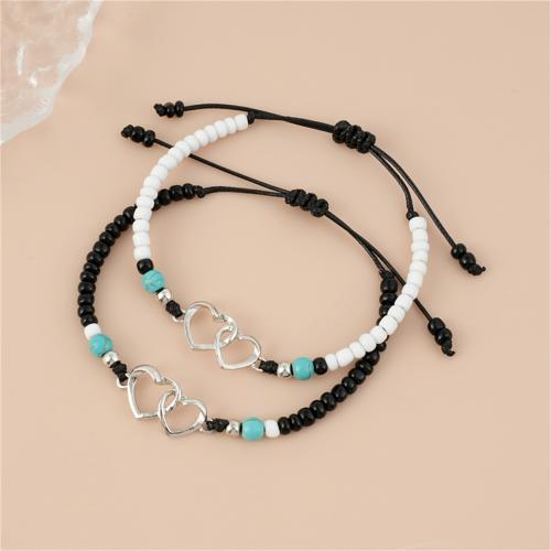 Casal pulseira e bracelete, liga de zinco, with Seedbead & turquesa & Fio de cera, 2 peças & unissex, branco e preto, comprimento Aprox 19-24 cm, vendido por Defina