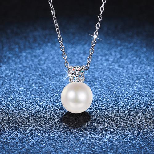 Argent sterling 925 collier, avec Moissanite & Shell Pearl, avec 2inch chaînes de rallonge, pour femme, Longueur Environ 15.7 pouce, Vendu par PC