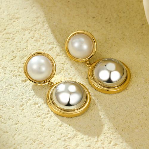 Stainless Steel Stud Earrings 304 Stainless Steel with Plastic Pearl 18K gold plated fashion jewelry & for woman golden Sold By Pair