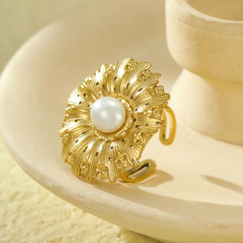 Stainless Steel Finger Ring 304 Stainless Steel with Plastic Pearl fashion jewelry & for woman golden Sold By PC