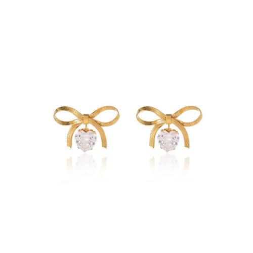 Stainless Steel Stud Earrings 304 Stainless Steel Bowknot 18K gold plated fashion jewelry & for woman & with rhinestone golden Sold By Pair