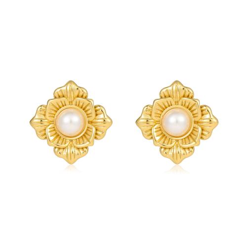 Roestvrij staal Stud Earrings, 304 roestvrij staal, met Plastic Pearl, 18K verguld, mode sieraden & voor vrouw, gouden, 26.10x26.40mm, Verkocht door pair