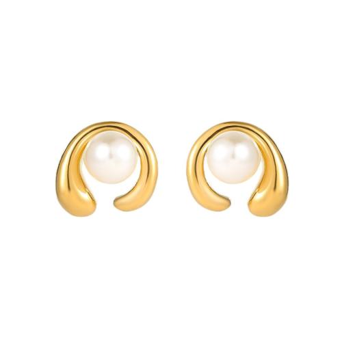 Stainless Steel Stud Earrings 304 Stainless Steel with Plastic Pearl 18K gold plated fashion jewelry & for woman golden Sold By Pair