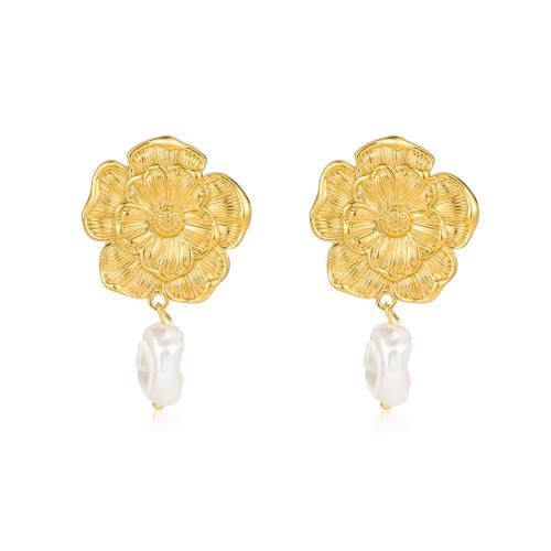 Stainless Steel Stud Earrings 304 Stainless Steel with Plastic Pearl Flower 18K gold plated fashion jewelry & for woman golden Sold By Pair