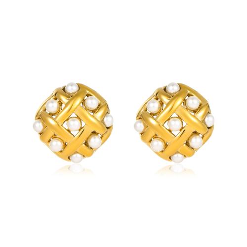 Roestvrij staal Stud Earrings, 304 roestvrij staal, met Plastic Pearl, Bloem, 18K verguld, mode sieraden & voor vrouw, gouden, 20mm, Verkocht door pair