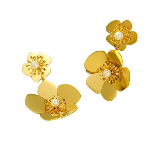 Stainless Steel Drop Earring 304 Stainless Steel with Plastic Pearl Flower 18K gold plated fashion jewelry & for woman golden Sold By Pair