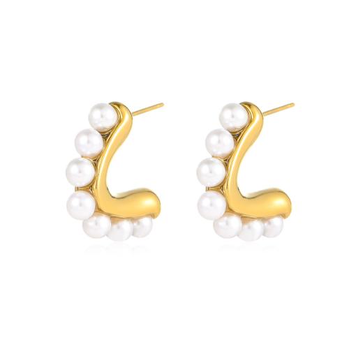 Stainless Steel Stud Earrings 304 Stainless Steel with Plastic Pearl Letter V 18K gold plated fashion jewelry & for woman golden Sold By Pair