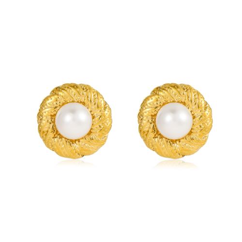 Boucle d'oreille de gaujon en acier inoxydable, Acier inoxydable 304, avec Shell Pearl, Plaqué or 18K, bijoux de mode & pour femme, doré, 20mm, Vendu par paire