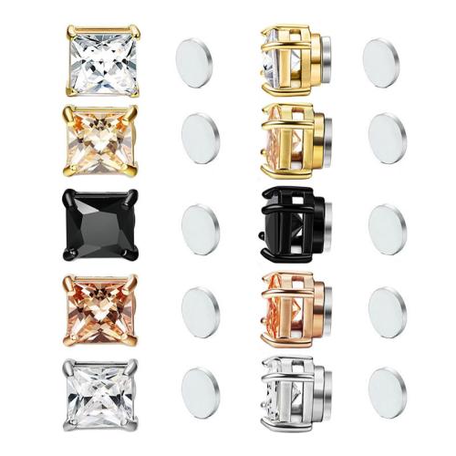 316 Stainless Steel Earring Clip Square & for woman & with rhinestone Sold By Pair