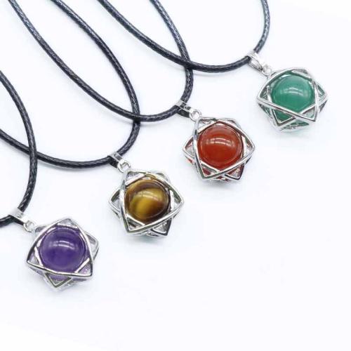 Natural Gemstone Necklace Natural Stone with leather cord & Brass & Iron Hexagram silver color plated & Unisex Length Approx 40 cm Sold By PC