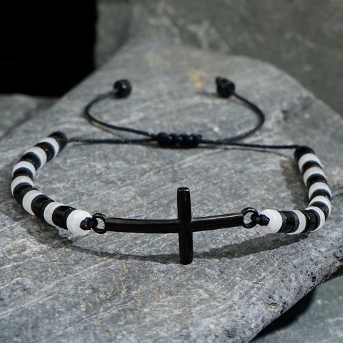 Gemstone Bracelets with Wax Cord Cross Adjustable & for man black Sold By PC