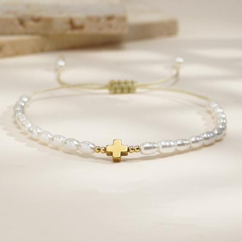 Plastic Pearl Bracelet with Knot Cord & Brass Cross gold color plated Adjustable & for woman white nickel lead & cadmium free Sold By PC