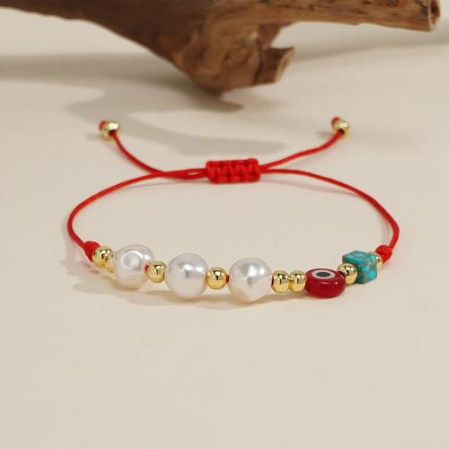 Plastic Pearl Bracelet with Knot Cord & Lampwork & Brass gold color plated Adjustable & evil eye pattern & for woman Sold By PC