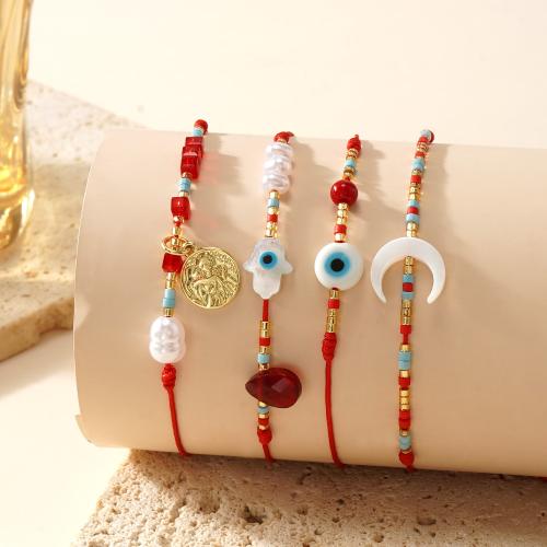 Evil Eye Jewelry Bracelet Gemstone with Knot Cord & Seedbead & Shell & Brass gold color plated Adjustable & evil eye pattern & for woman Sold By PC