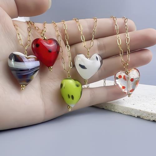 Stainless Steel Jewelry Necklace 304 Stainless Steel with Lampwork with 5cm extender chain Heart plated fashion jewelry Length 40 cm Sold By PC