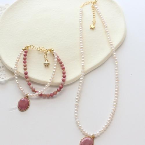 Edelstein Schmucksets, Rhodonit, mit Titanstahl & Natürliche kultivierte Süßwasserperlen & Messing, Modeschmuck & verschiedene Stile für Wahl, Rosa, verkauft von PC