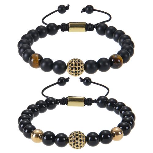 Gemstone Bracelets Natural Stone with Knot Cord & Brass handmade fashion jewelry & Unisex & micro pave cubic zirconia black Length 6.6-11.8 Inch Sold By PC