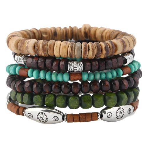 Wood Bracelets with Coconut & Elastic Thread & Copper Coated Plastic & Zinc Alloy handmade 6 pieces & fashion jewelry & Unisex mixed colors Sold By Set