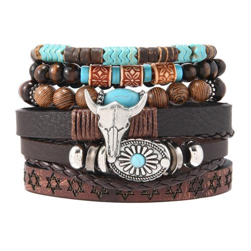 PU leder koord armbanden, met Kip Wingwood & Kokosnoot & Elastische draad & Zinc Alloy, handgemaakt, 6 stuks & mode sieraden & uniseks, gemengde kleuren, Verkocht door Stel