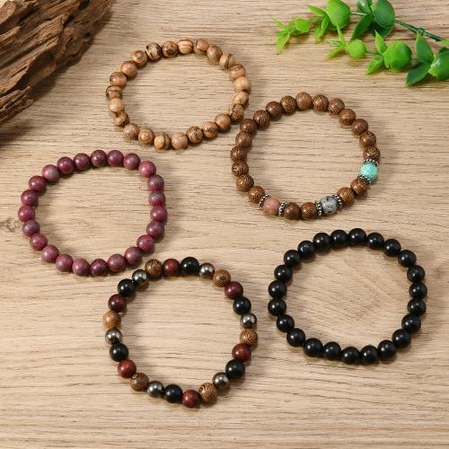 Pulseiras de madeira, sândalo, with fio elástico, feito à mão, 5 peças & natural & materiais diferentes para a escolha & unissex, cores misturadas, vendido por Defina