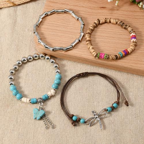 Pulsera de Turquesa, Coco, con turquesa & Hilo elástico & Cordón de cera & plástico recubierto de cobre, hecho a mano, 4 piezas & Joyería & para mujer, color mixto, Vendido por Set