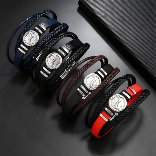 PU Leather Cord Bracelets with Zinc Alloy handmade fashion jewelry & multilayer & for man Length 8.27 Inch Sold By Set