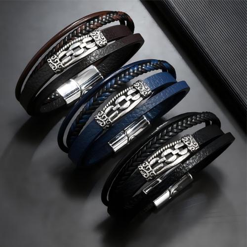 PU Leather Cord Bracelets with Zinc Alloy handmade fashion jewelry & multilayer & for man Length 8.46 Inch Sold By PC