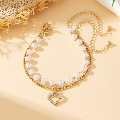 Cubic Zirconia Micro Pave Brass Bracelet with Plastic Pearl Heart plated micro pave cubic zirconia & for woman gold Sold By PC