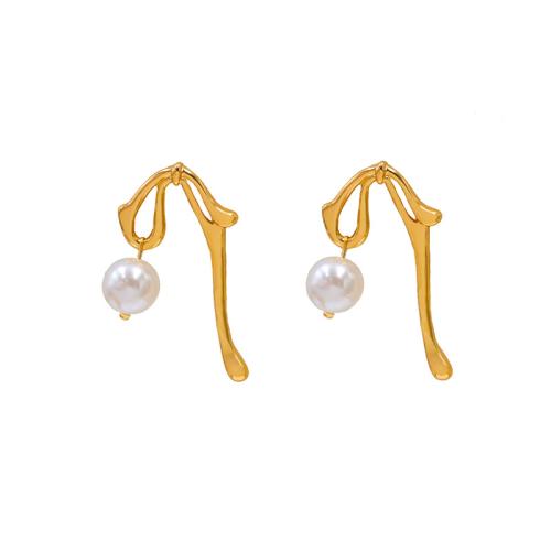 Titanium Steel  Earring with Plastic Pearl plated for woman gold Sold By Pair