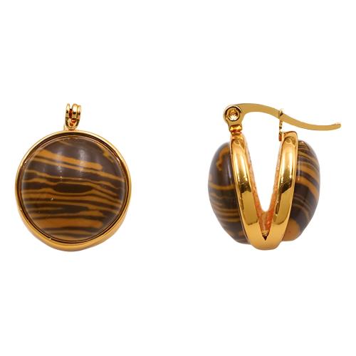 Titanium Staal Earring, met Tiger Eye, plated, voor vrouw, goud, Verkocht door pair