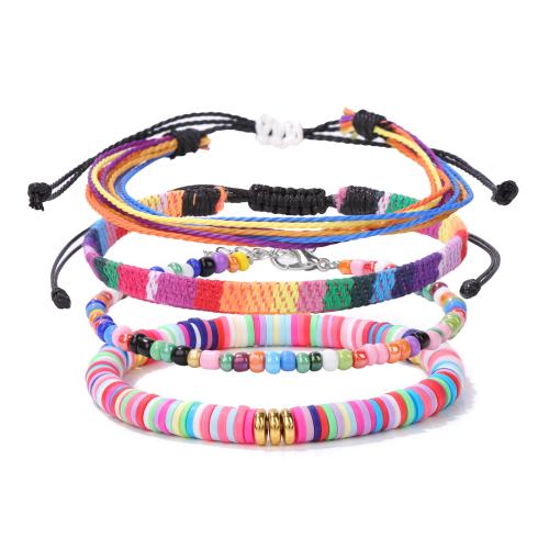 Moda crear pulseras de cordón de cera, Arcilla polimero, con Seedbead & paño & Cordón de cera, hecho a mano, 4 piezas & Estilo bohemio & para mujer, más colores para la opción, Vendido por Set