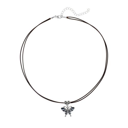 Zinc Alloy Jewelry Necklace with leather cord plated for woman & with rhinestone silver color Length Approx 45-50 cm Sold By PC